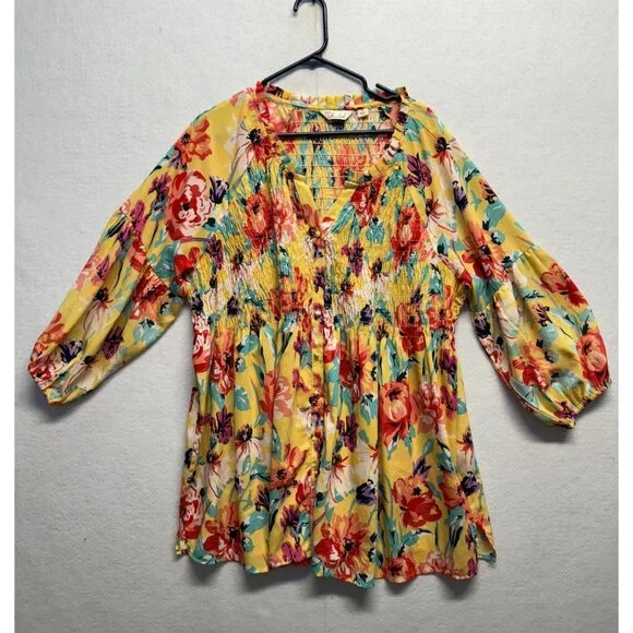 Caffe Marrakech Womens 3X Floral Smocked Peasant Top Yellow Multi-Color V-Neck - Picture 1 of 9